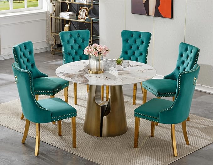 7-Piece Faux Marble Round Dining Table Set for 6, Modern Luxury Kitchen Table Set for 6 with Green Tufted Chairs,Circle Dining Tables with Pandora Grain Top and Bronze Pedestal Base