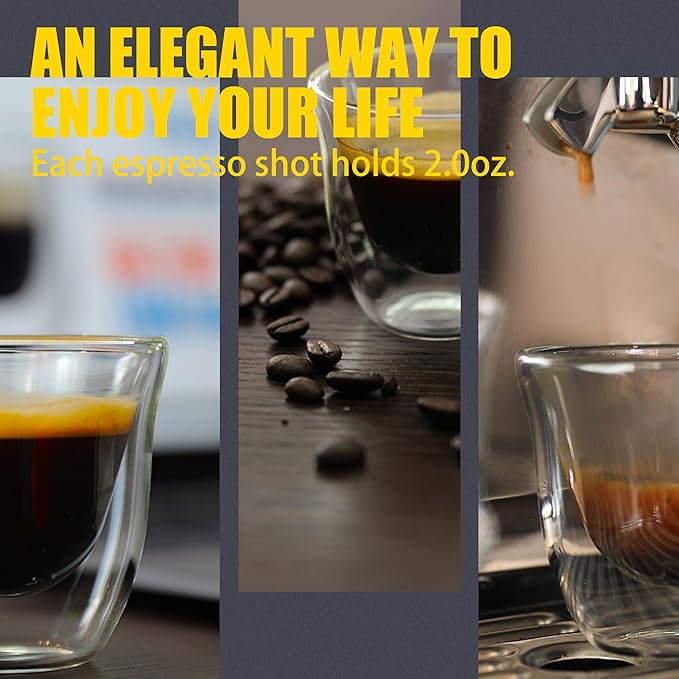 PunPun Espresso Cups, 2.0OZ. 60ml, Double Wall Clear Thermo Glass, Set of 4