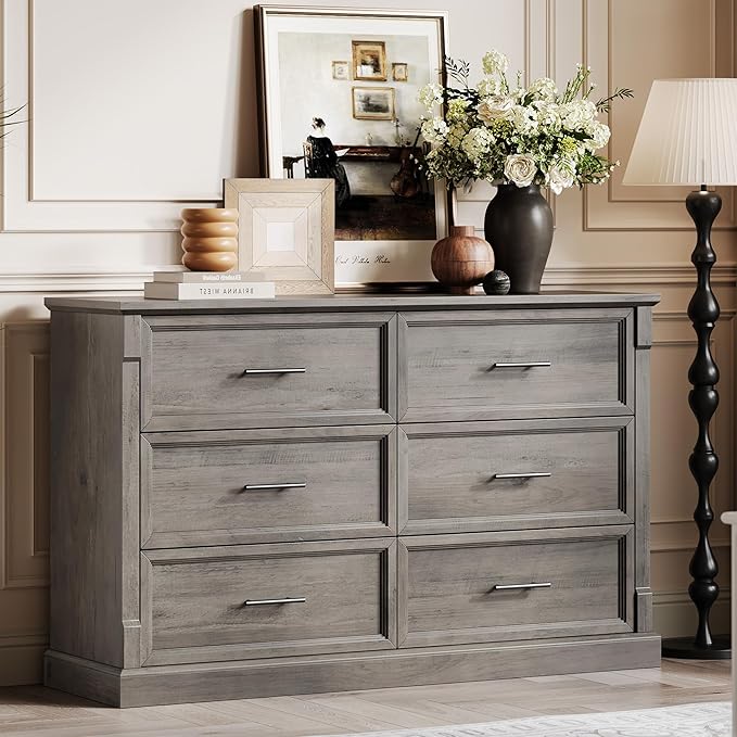 GAOMON Grey 6 Drawer Dresser for Bedroom, Farmhouse 47.2" Wide Chest of Drawers with Metal Handles, Rustic Double Wood Dresser, Storage Dressers Organizer for Living Room, Nursery