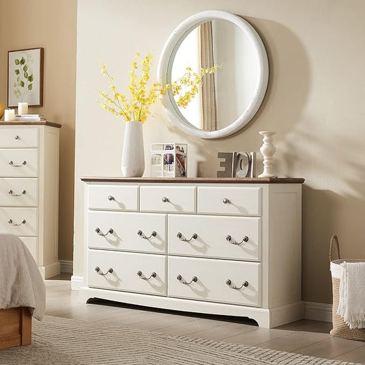 T4TREAM 7 Drawers Dresser Chests for Bedroom, Wood Vintage Chests of Drawers, Rustic Dressers Chset Organizer for Bedroom, Living Room, Hallway, Antique White