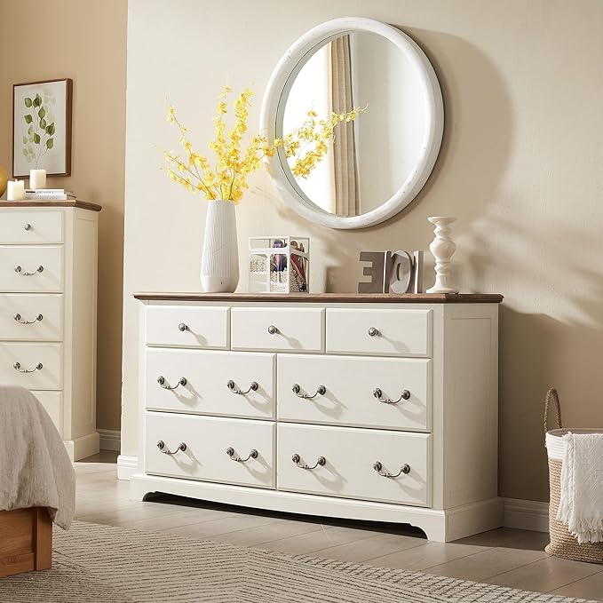 Farmhouse Dresser for Bedroom, 54" Modern 7 Drawers Dresser with Vintage Styles Pulls, Wood Rustic Closet Chest of Drawers for Living Room, Hallway, Antique White