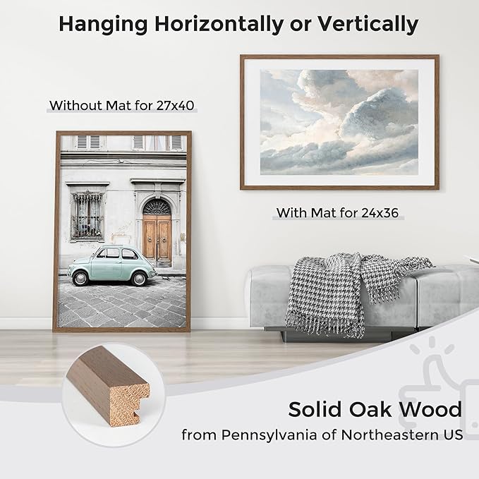 Axeman 27x40 Picture Frame with Mat for 24x36, Solid Oak Wood Poster Frame with Tempered Glass for Home Decor, Wooden 27''x40'' Minimalist Photo Frame Movie Poster Frame with Wall Hooks, Walnut