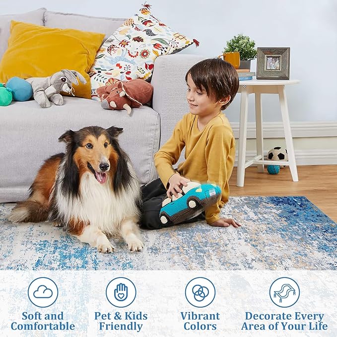 6x9 Modern Abstract Area Rug Non Slip Non Shedding Low Pile Stain Resistant Rug Soft Carpet for Bedroom Living Room, Blue/Grey