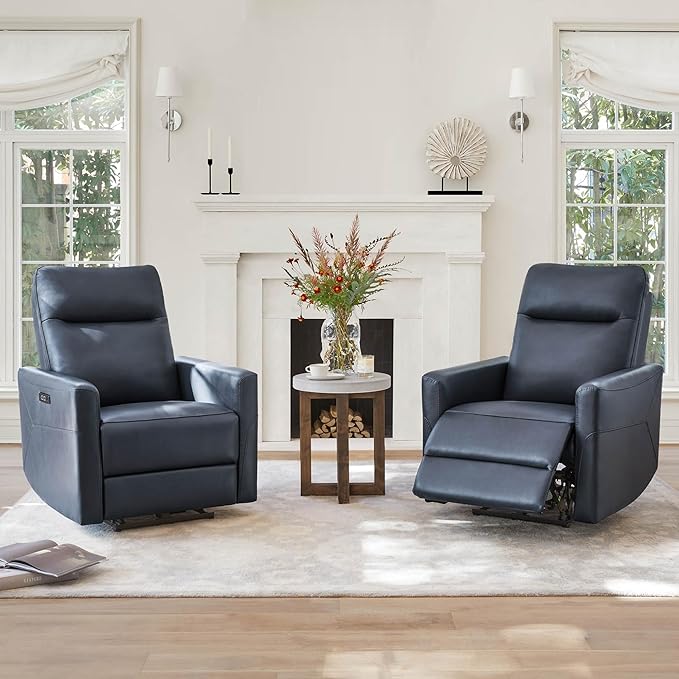 CHITA Genuine Leather Power Recliner Chair for Adults, Electric Wall Hugger Recliner for Small Spaces, Modern Living Room and RV Recliner Chair with Power Headrest & Charging Ports, Dark Blue