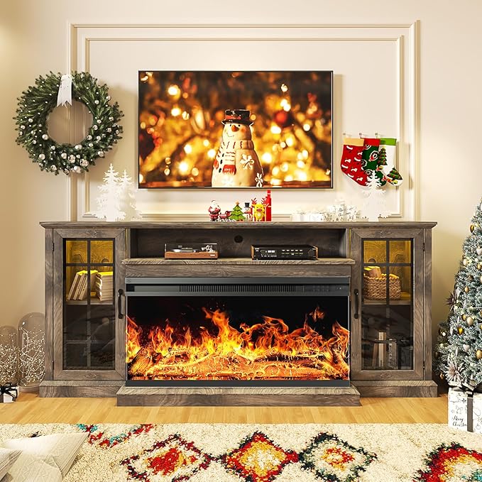 oneinmil 36 Inch 3-Sided Glass Fireplace TV Stand for TVs up to 80", Rustic Media Entertainment Center Console Table with Glass Door Closed Storage, Set of TV Table, Grey