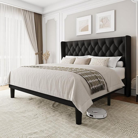 King Size Upholstered Bed Frame with Wingback Headboard, Fabric Linen Platform Bed, 8" Under Bed Storage, Wooden and Metal Slats Support, No Box Spring Needed, Black