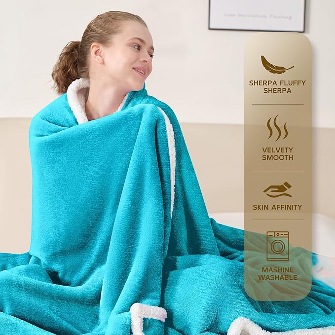 BEAUTEX Sherpa Fleece Throw Blankets, Soft Fluffy Flannel Plush Blanket and Throw, Fuzzy Cozy Blue Cuddle Blankets for Couch Bed Sofa Adults (50" x 60", Teal)