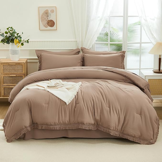 Andency Taupe Full Size Comforter Set with Sheets - 7 Pieces Boho Tassel Bed in a Bag Soft Lightweight Bedding Sets, Taupe Fringe Bed Set with Comforter, Sheets, Pillowcases & Shams