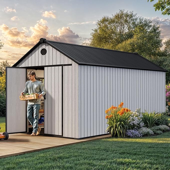 YITAHOME 8x16 FT Outdoor Storage Shed with Floor, Waterproof Plastic Garden Shed with Lockable Doors, 2 Vents & 3 Windows, 875 cu. ft. Resin Shed for Tools, Bikes, Patio or Backyard, Gray