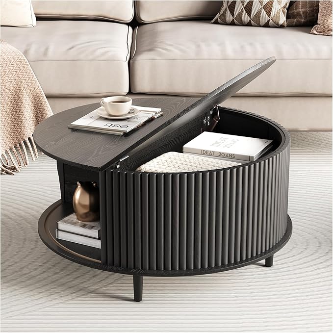 Round Coffee Table with Storage,Mid Century Modern Dining Table with Sliding Cabinet Door for Living Room,Home Small Space,31.5" Small Center Table,Black
