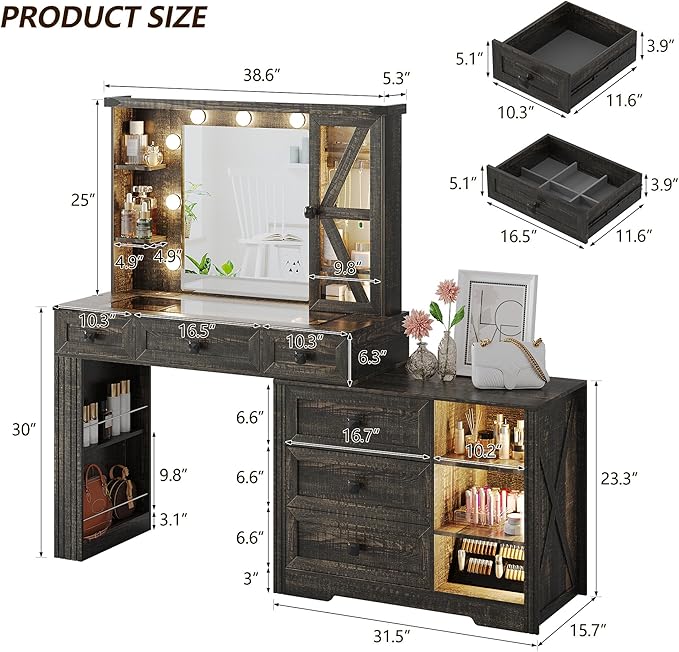 Makeup Vanity Desk Set with Mirror and Lights, Farmhouse Vanity Table with 6 Drawers/Large Storage, Brown Dressing Table 3 Colors Adjustable Lighting Brightness & Charging Station for Women