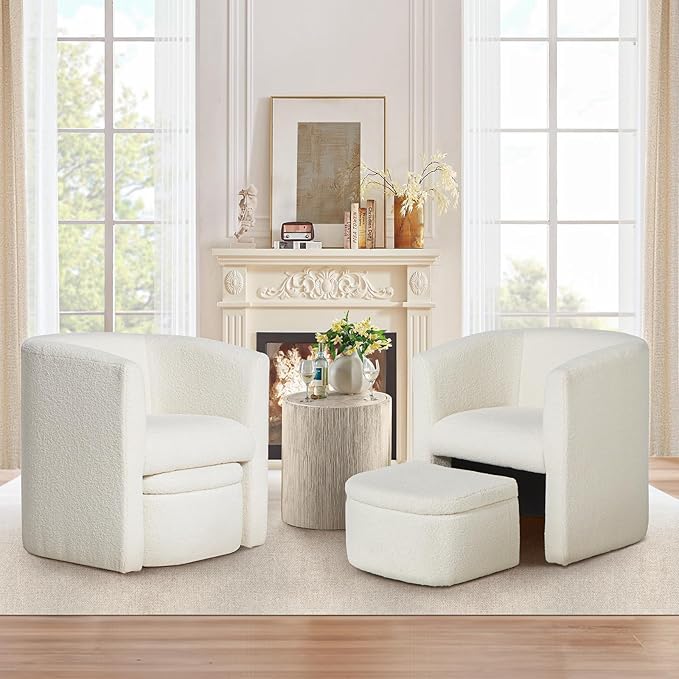 COLAMY Morden Velvet Barrel Accent Chair with Storage Ottoman Set of 2, Upholstered Living Room Side Chair, Single Sofa Armchair with Lounge Seat for Bedroom/Office/Reading Spaces, Cream