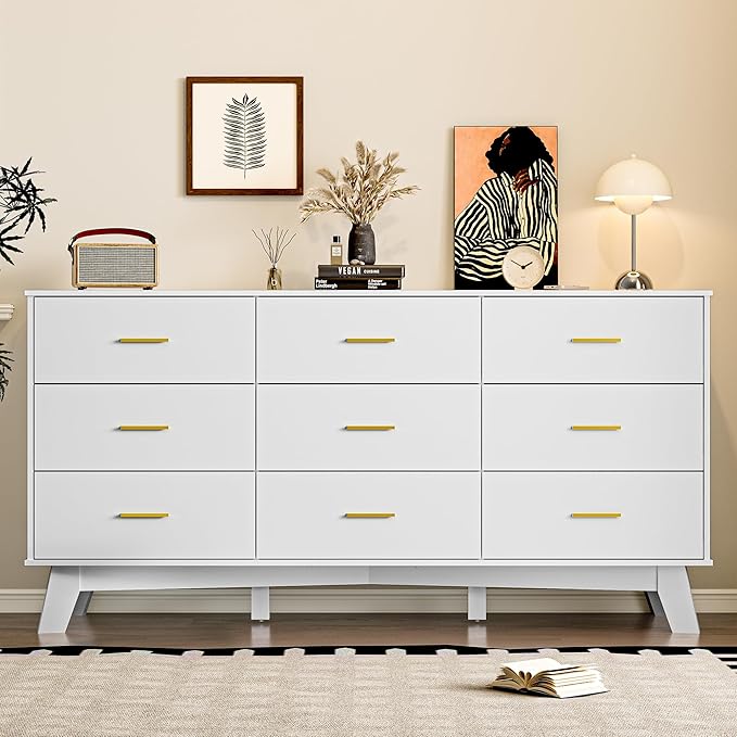 Dresser for Bedroom with 9-Drawer, 59" Wide Modern Chest of Drawers with Metal Handles, X-Shape Base & Adjustable Center Leg, Anti-Tip Closet Organizers and Storage