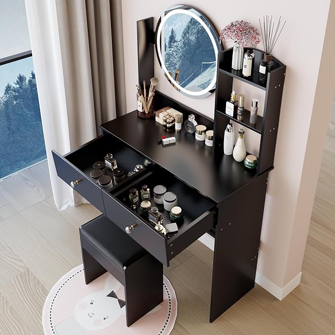 31.5" Small Vanity Desk with Mirror and Lights, Makeup Table with Led Lights, 3 Lighting Colors, Vanity Set with 2 Drawers and Stool for Small Space Bedroom, Black