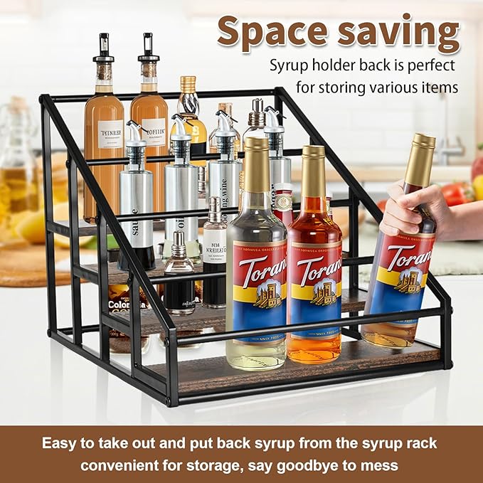 Coffee Syrup Rack Organizer,Liquor Bottle Display Shelf,Water cup display stand,Spice Rack Kitchen Cabinet Organizer,Rustic Brown,2 Packs 4 Tier 16 Bottle Coffee Syrup Holder