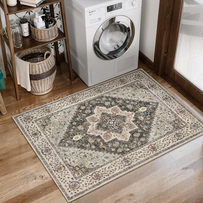 Tangsoo Vintage 2x3 Washable Rug Entryway Door Mat Small Carpet Indoor Front Door Entrance Kitchen Bedroom Bathroom Grey/Brown Non Slip Print Soft Low Pile Print Distressed