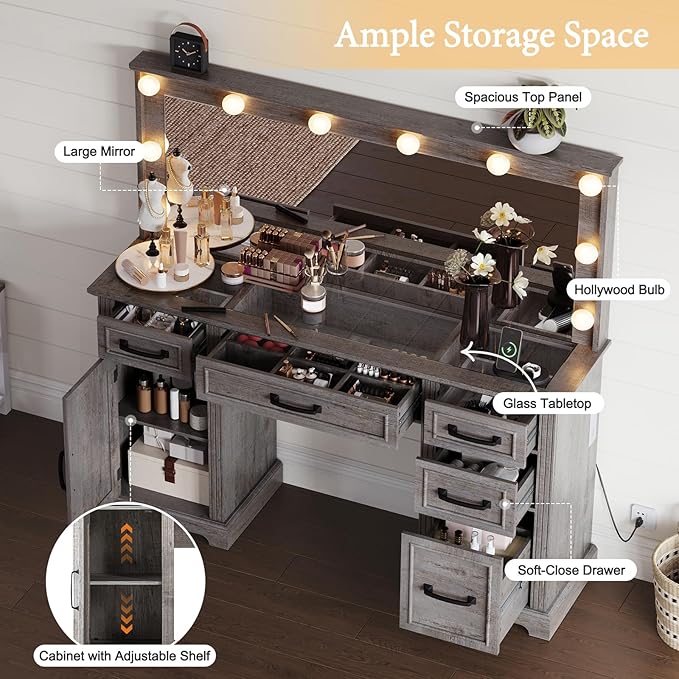 55" Farmhouse Vanity Desk with Large Mirror & Lights, Glass Top Large Makeup Vanity Table with 10 Hollywood Lights Bulbs, Charging Station, 5 Drawers, Dressing Table for Bedroom, Rustic Grey