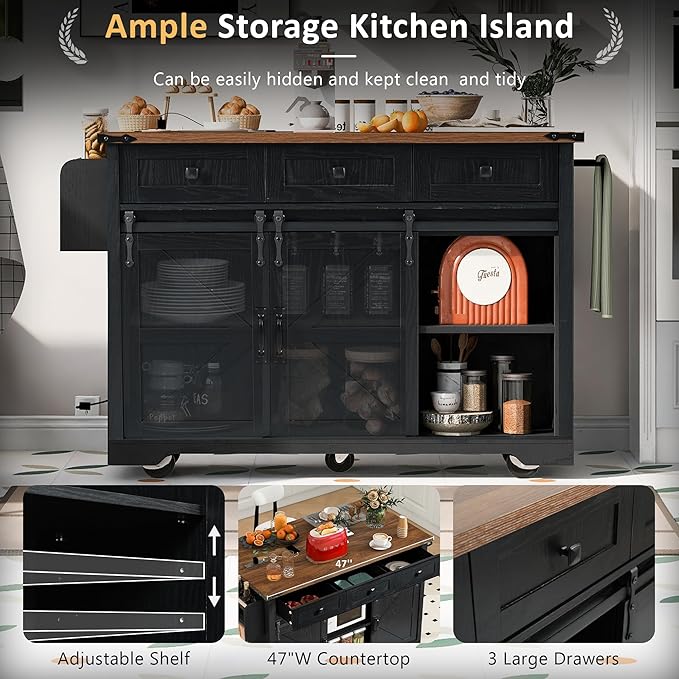 53.7" Farmhouse Mobile Kitchen Island Cart with Drop Leaf, Storage Island with Sliding Barn Door,Rolling Home Cart on Wheel Breakfast Bar Table with Power Outlet,3 Drawer,Cabinet,Tower Rack(Black)