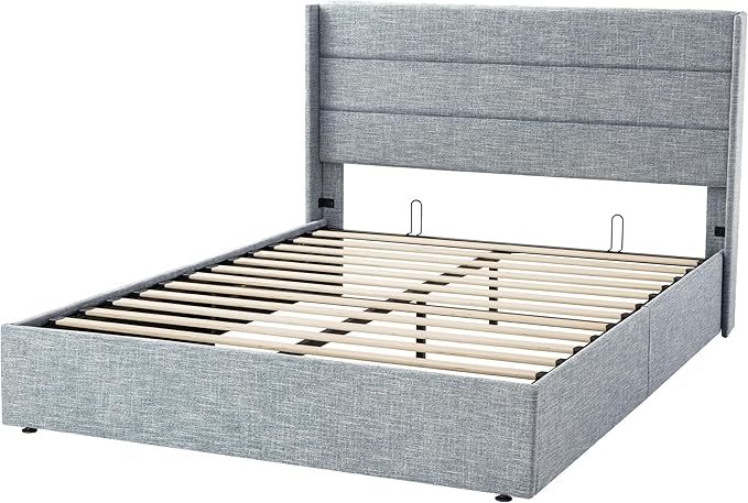 SHA CERLIN Queen Size Lift Up Storage Bed/Modern Wingback Headboard/Upholstered Platform Bed Frame/Hydraulic Storage/No Box Spring Needed/Wood Slats Support/Grey Blue