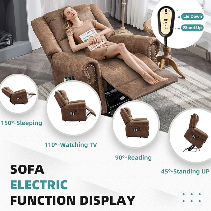 MEETWARM Large Power Lift Electric Recliner Chair for Elderly with Massage and Heat, Overstuffed Wide Recliner, Heavy Duty Sofa for Living Room with 2 Remote Control/USB Ports/Side Pockets(Brown)