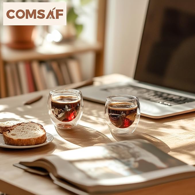 ComSaf Double Walled Espresso Cups 3 oz, Glass Espresso Shot Cup Set of 2, Small Coffee Mugs for Ristretto, Lungo, Machiato, Ideal Gift for Chrismas, Brithday