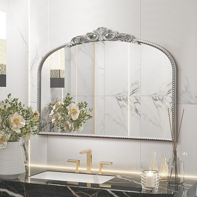 Micasso Silver Vintage Wall Mirror: 24"x 32" French Baroque Antique Arched Wall Mounted Mirror - Traditional Ornate Decorative Entryway Mirror for Home Decor/Entryway/Fireplace/Living Room/Hallway