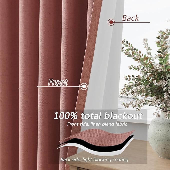 Guken Blackout Curtains 120 Inch Length 2 Panels Set for Living Room Bedroom Back Tab Thermal Insulated 100% Black Out Linen Drapes Room Darkening Window Curtains 120 Inches Long,Dusty Rose