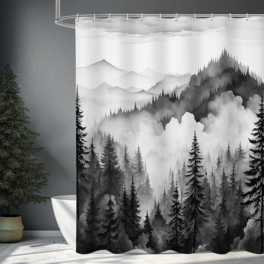Black Extra Long Misty Pine Forest Shower Curtain 72 x 84, XL Mountain Foggy Woodland Scenery Tree Shower Curtains for Bathroom, Abstract Waterproof Nature-Themed Decor