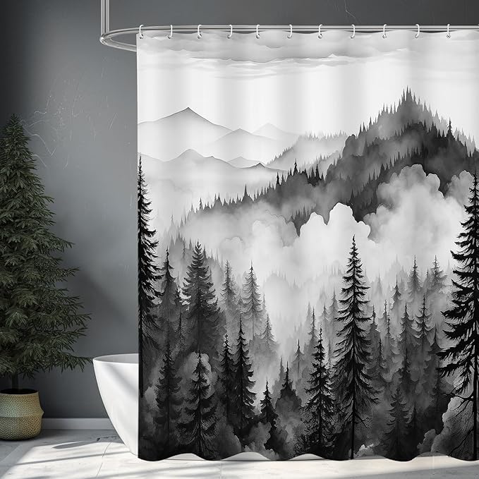 Black and Grey Misty Pine Forest Shower Curtain, Mountain Foggy Woodland Scenery Tree Shower Curtains for Chic Rustic Bathroom, Abstract Modern Waterproof Nature-Themed Decor, 72x72 Inches