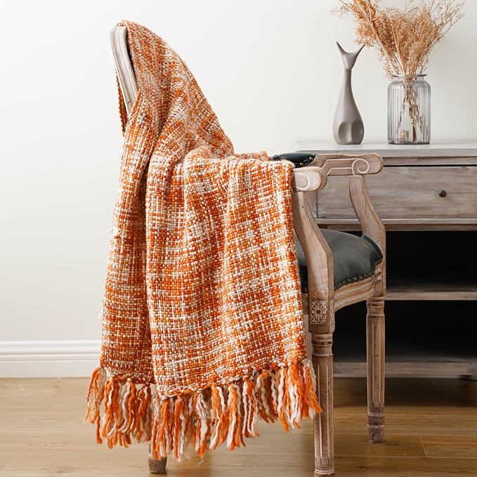 BATTILO HOME Burnt Orange Fall Throw Blanket for Couch Bed, Fall Decorations for Home, Colorful Farmhouse Throw for Autumn Halloween, 50"x60"