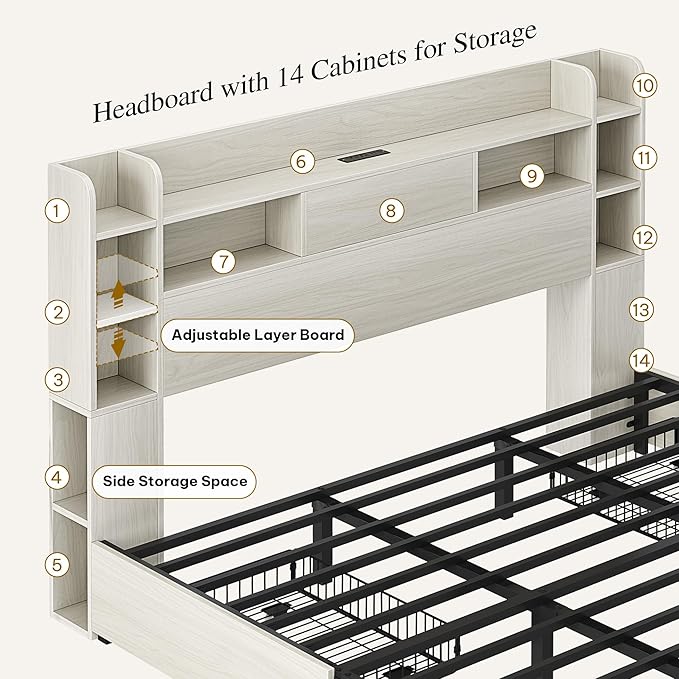 YITAHOME King Bed Frame with Bookcase Headboard and 4 Storage Drawers, RGB LED Light Bed with Type-C & USB Charging Station Storage Headboard Bed Frame, No Box Spring Needed, Noise Free, Antique White