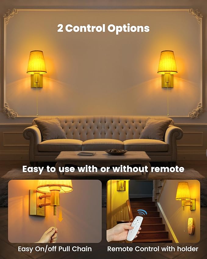 Battery Operated Wall Sconce Lights Décor for Bedroom Set of 2, Wireless Rechargeable LED Wall Lamp with Remote & On/Off Pull Chain, Wall Mount Lighting Fixtures for Living Room, Satin Gold
