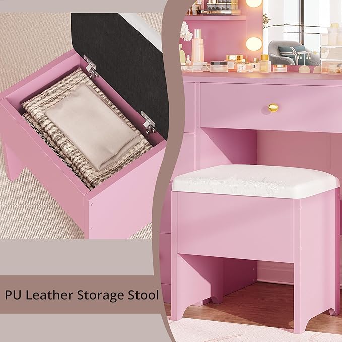 IRONCK Vanity Desk with Mirror and Lights, Small Makeup Vanity Table with 5 Drawers, Power Outlet, and Vanity Stool, 3 Lighting Colors, Dressing Table for Women Girls Bedroom, Pink