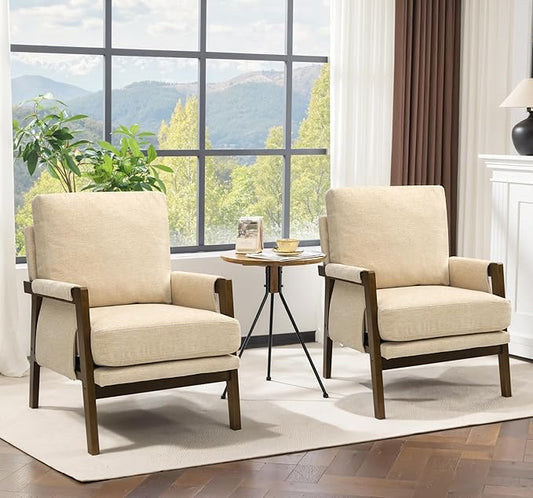 Modern Accent Chairs Set of 2 for Living Room Mid Century Arm Chairs Upholstered Bedroom Chairs Comfy Lounge Chairs with Solid Wood Frame, Beige