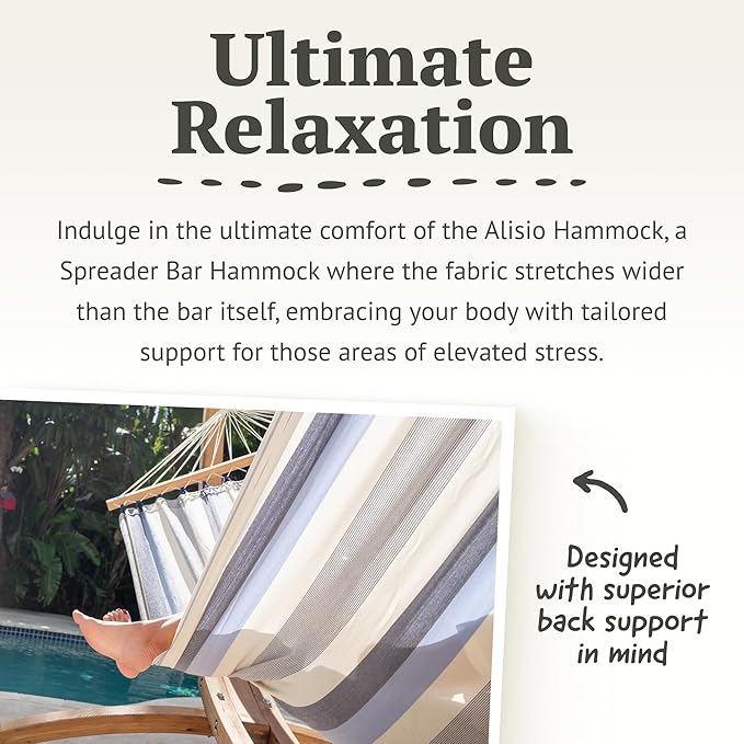 LA Siesta® Alisio Hammock with Spreader Bar & Elipso Stand, Outdoor Hammock with Stand Included Larch Wood Stand - Weatherproof Outdoor Hammock, 2 Person Hammock w/Stand - Max 355 Lbs, Sea Salt