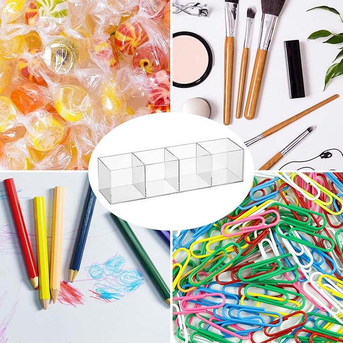 Epakh 2 Pieces 4 Compartment Acrylic Cube Organizer 4 Section Clear Acrylic Pencil Holder Small Drawer Organizer for Makeup Brush Crayon Desk Home Office Back to School Supplies