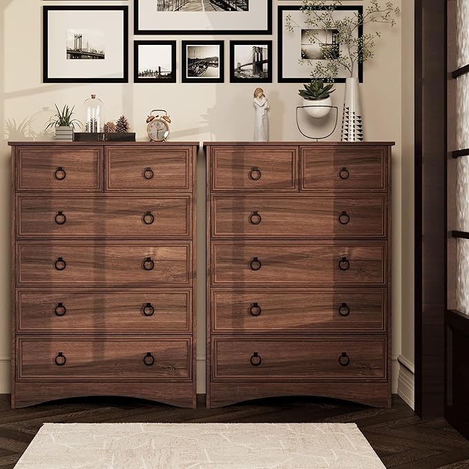 Dresser for Bedroom Tall, Mid Century Modern 6 Drawer Dresser, Cherry Wood Chest od Drawer with Large Storage for Clothes, Vintage, for Living Room, Bedroom, Hallway