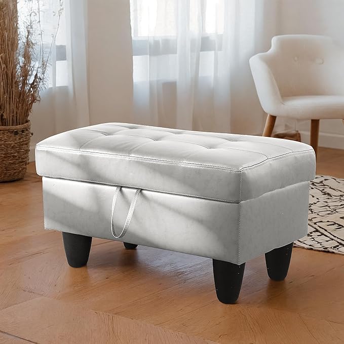 Ottoman Rectangular Storage Ottoman Bench, Faux Leather Footrest, Coffee Table, Stool Footstool with Hinged Lid for Living Room, Bedroom, Entryway, Silver, 35"x23.5"x17.5"