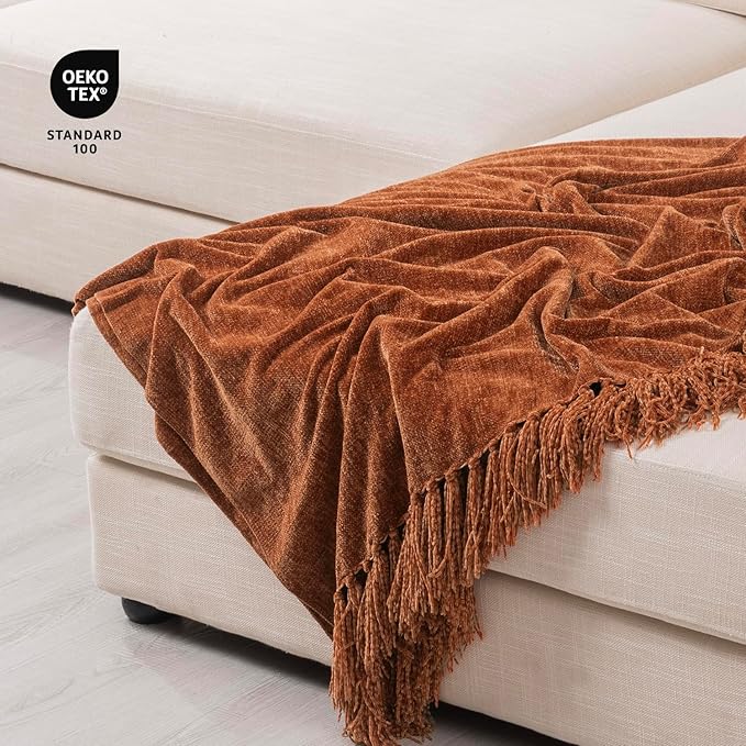 RECYCO Throw Blanket Soft Cozy Chenille Throw Blanket with Fringe Tassel for Couch Sofa Chair Bed Living Room Gift (Rust, 50" x 60")