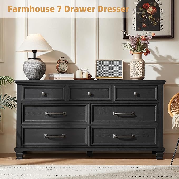 Farmhouse 7 Drawer Dresser for Bedroom, 54” Wide Dresser for Closet, Large Rustic Wooden Dressers, Chest of Drawers for Bedroom, Living Room, Entryway, Black