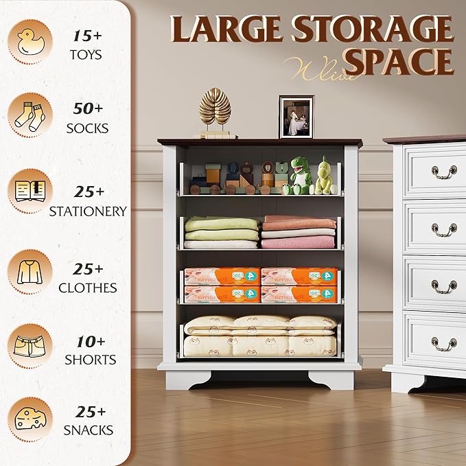 WLIVE Farmhouse Dresser for Bedroom, Tall Wood Dresser with 4 Drawers, Chest of Drawers with Roman Metal Handle for Living Room, Hallway, Closet, White