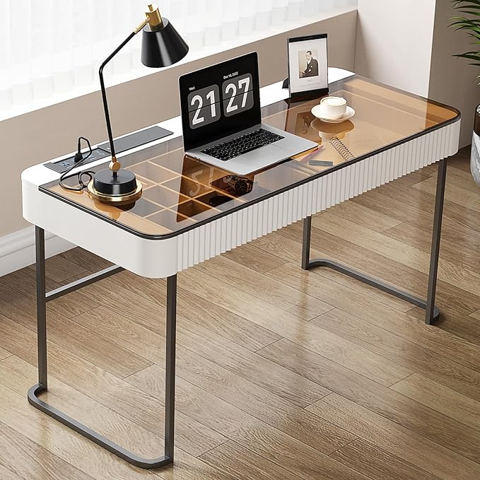 Lartis Office Desk with Drawer - Writing Desk with Intelligent Socket Computer Desk with USB Port Compartmentalized Storage for Home Office Working Gaming