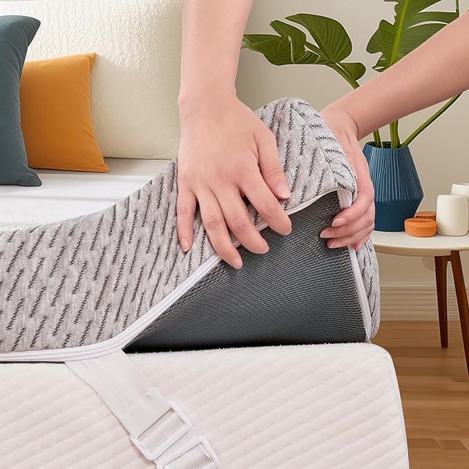 Subrtex Cover for Mattress Topper Queen Size 4 Inch (Only Cover) Mattress Topper Protector Bedding Removable Encasement with Zipper Closure