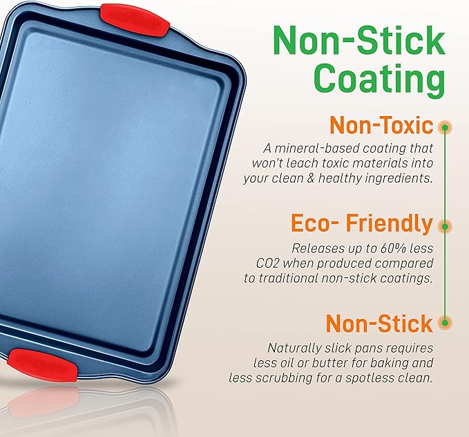 NutriChef Nonstick 3-Piece Baking Pans Set – Carbon Steel Bakeware with Blue Coating Inside & Outside and Red Silicone Handles, Durable and Reliable, Effortless Baking and Easy Cleanup (Blue)