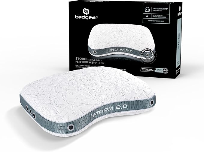 Bedgear Storm Cuddle Curve Performance Pillow - Size 2.0 - Cooling Bed Pillow for Side Sleepers - Medium Firmness- Washable and Removable Cover - 20" W x 26" L
