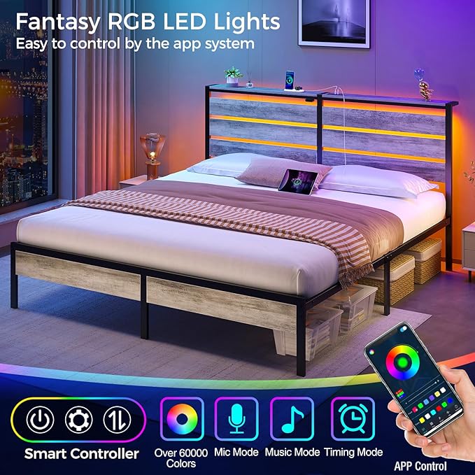 Rolanstar Bed Frame King Size with USB Charging Station, LED Bed Frame with Wood Storage Headboard, Light Grey Metal Platform Bed with Under Bed Storage, No Box Spring Needed, Noise Free