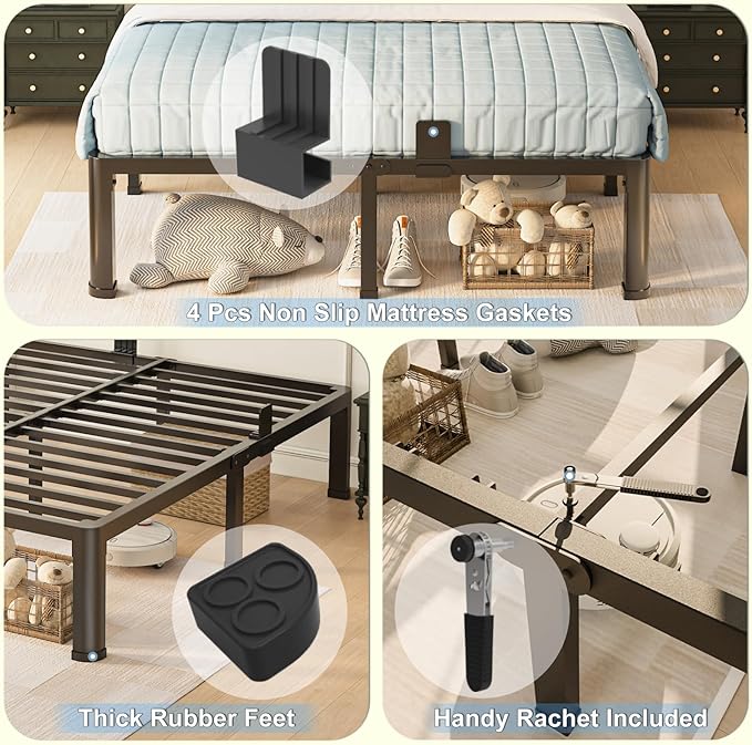 14 inch California King Bed Frame with Round Corner Legs Mattress Slide Stopper,3500 lbs Heavy Duty Metal Platform,Steel Slat Support,No Box Spring Needed,Easy Assembly,Noise Free