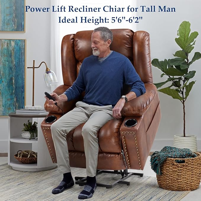 Large Power Lift Chair Recliner for Elderly with Heated and Massage, Overstuffed Adjustable Lift Chair, 3 Position, Breathable Leather, USB-A&USB-C, Cup Holder (Tall Man-7523, Brown)