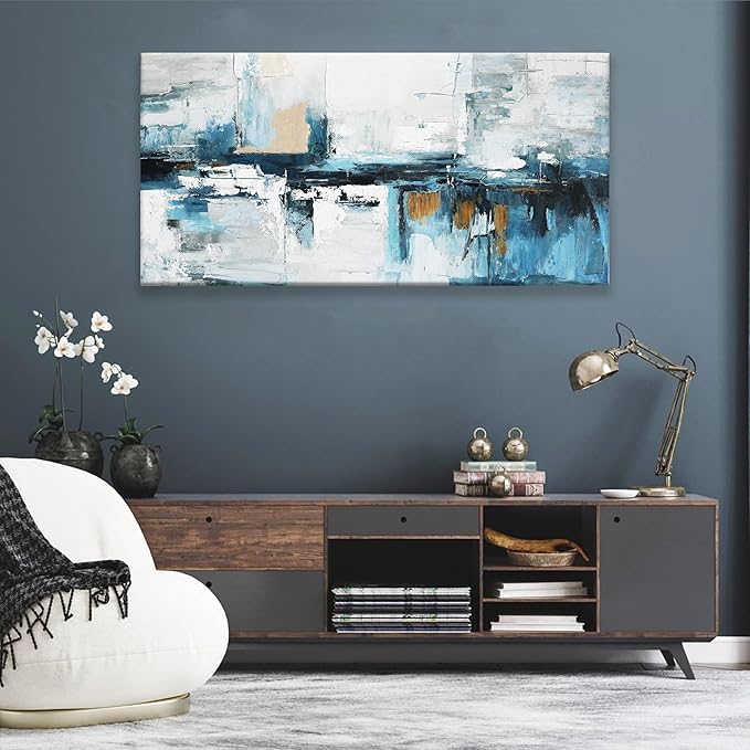 Tsomzxng Abstract Wall Art Living Room Painting Modern Wall Decor 24"X 48" Canvas Art Wall Decor Office Blue White Wall Art Canvas Prints Artwork For Bathroom Kitchen Artwork