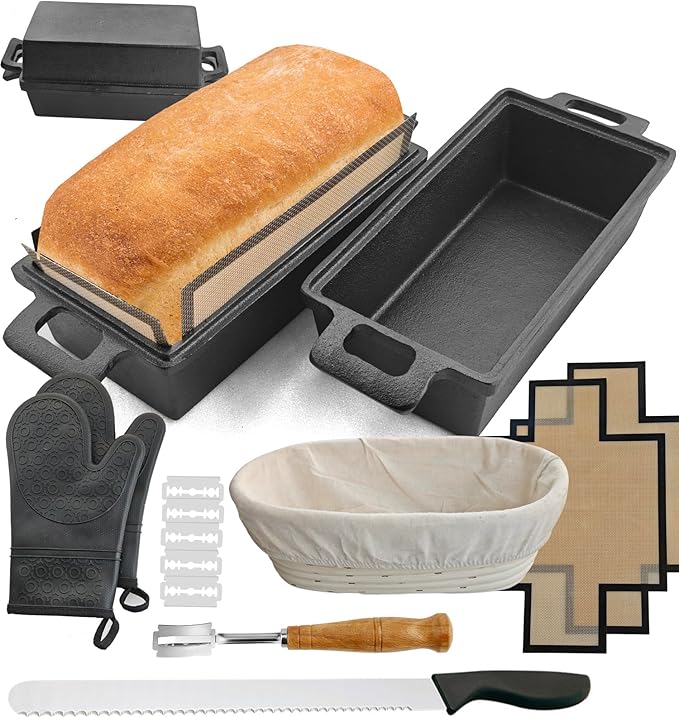 2-In-1 Cast Iron Oven Pan - 9"x5" Durable Loaf Pans Rectangular Baking Pan with Banneton Bread Proofing Basket set for home baking, 2 Piece Set -1.8 QT×2 Pcs (Silicone mats, Bread Pan 6 Set)